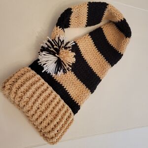 Striped Knit Beanie Pom Pom Long Stocking Cap Hat Black Beige